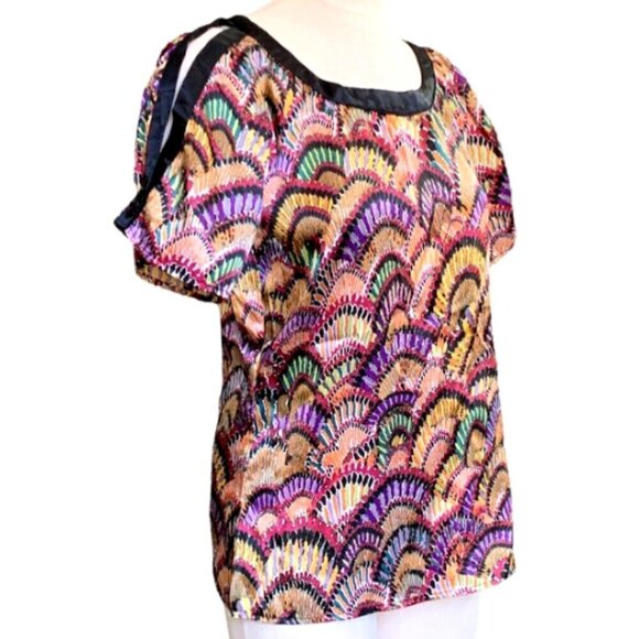 Velvet Heart Colorful Silky Slit Shoulder Short Sleeve Top Sz S #10A - Picture 2 of 10
